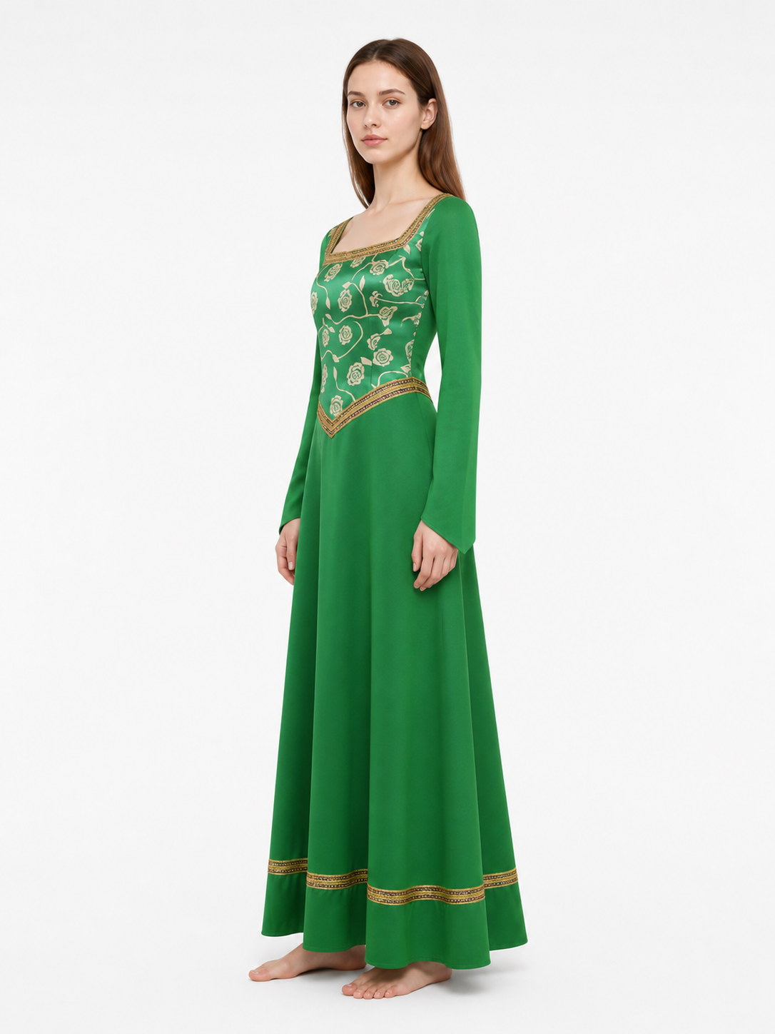 Green Dress with Gold Trim and Floral Pattern side view