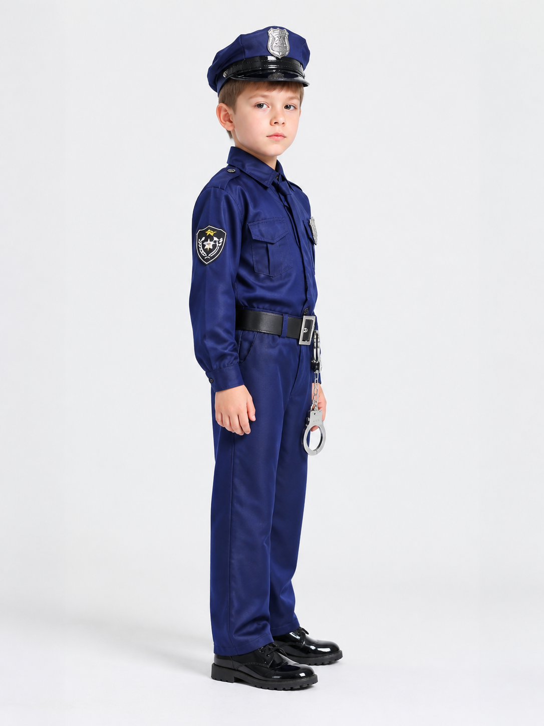 Police Costume with Cap, Belt, and Handcuffs side view