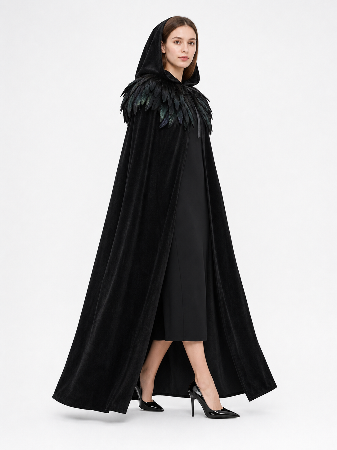 Black Velvet Hooded Cape with Feathers