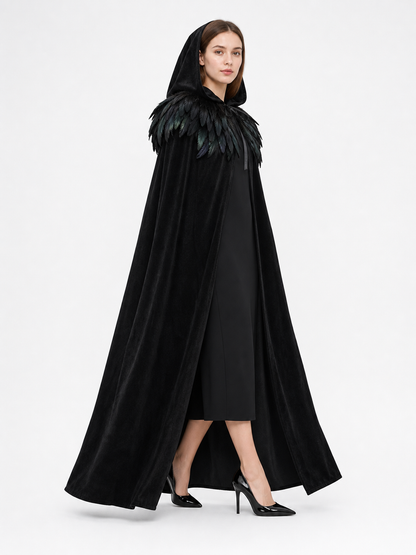 Black Velvet Hooded Cape with Feathers