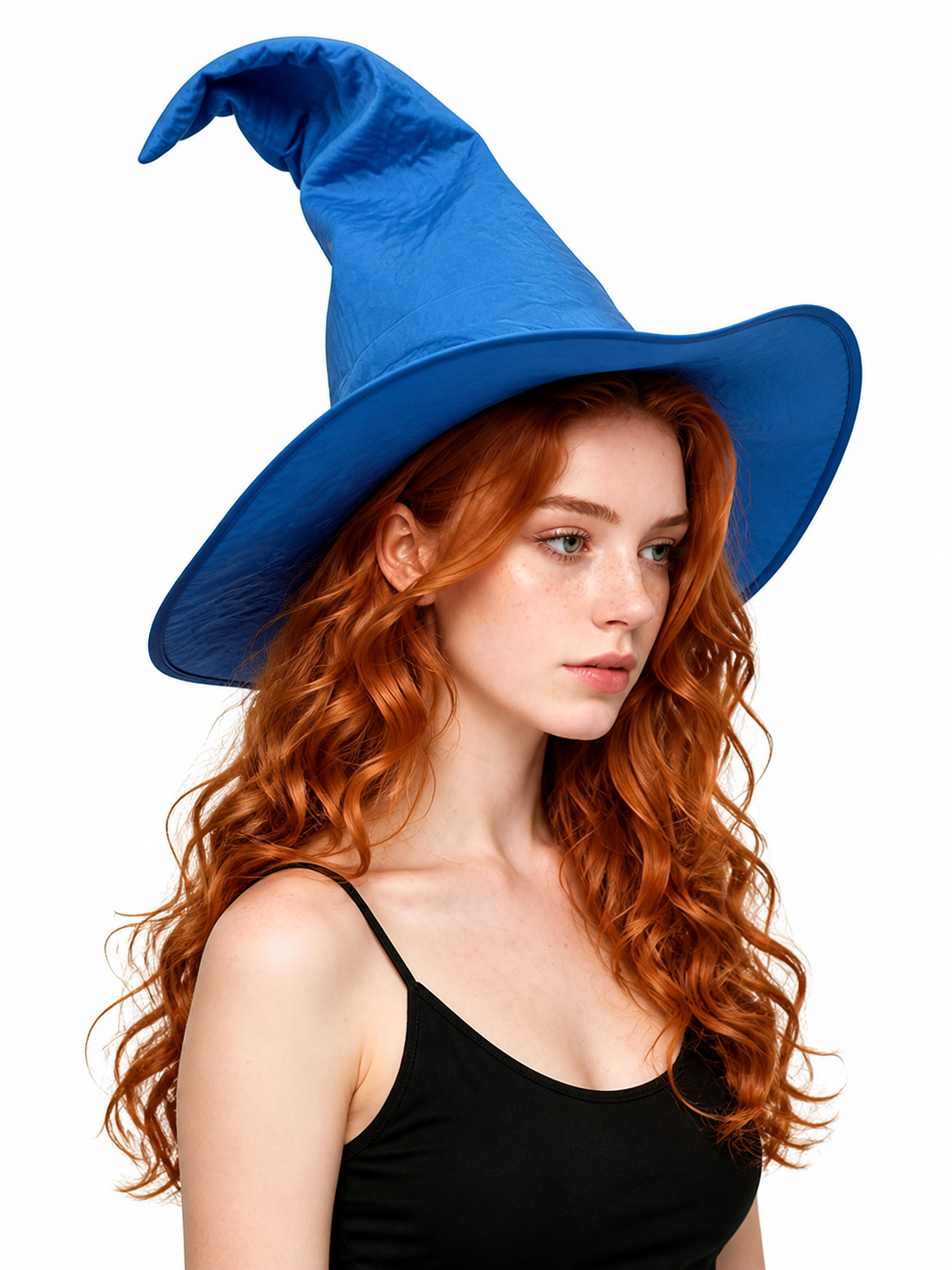 Blue Halloween Witch Hat, Wide Brim Curved Pointed Cap with Black Chin Strap side view 3
