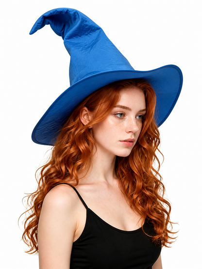 Blue Halloween Witch Hat, Wide Brim Curved Pointed Cap with Black Chin Strap side view 3