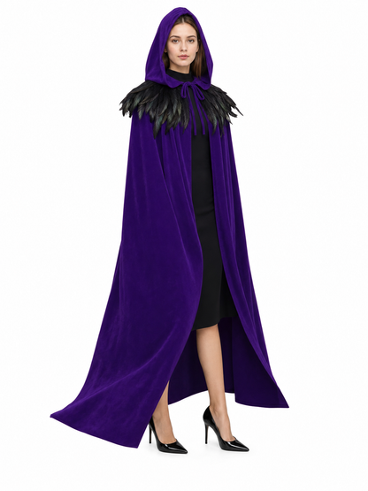 Purple Velvety Hooded Cape with Feathers