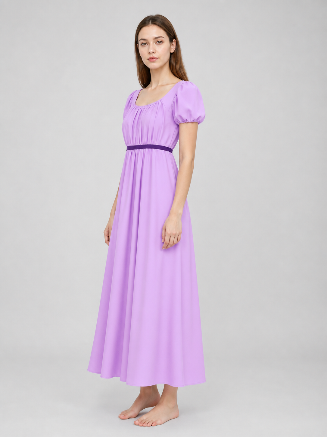 Regency-Style Dress with a Belt and Puff Sleeves
