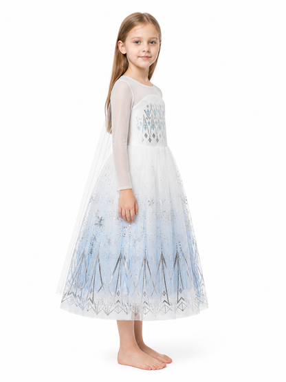 Children’s Elsa Dress with Snowflakes and Long Sleeves side view