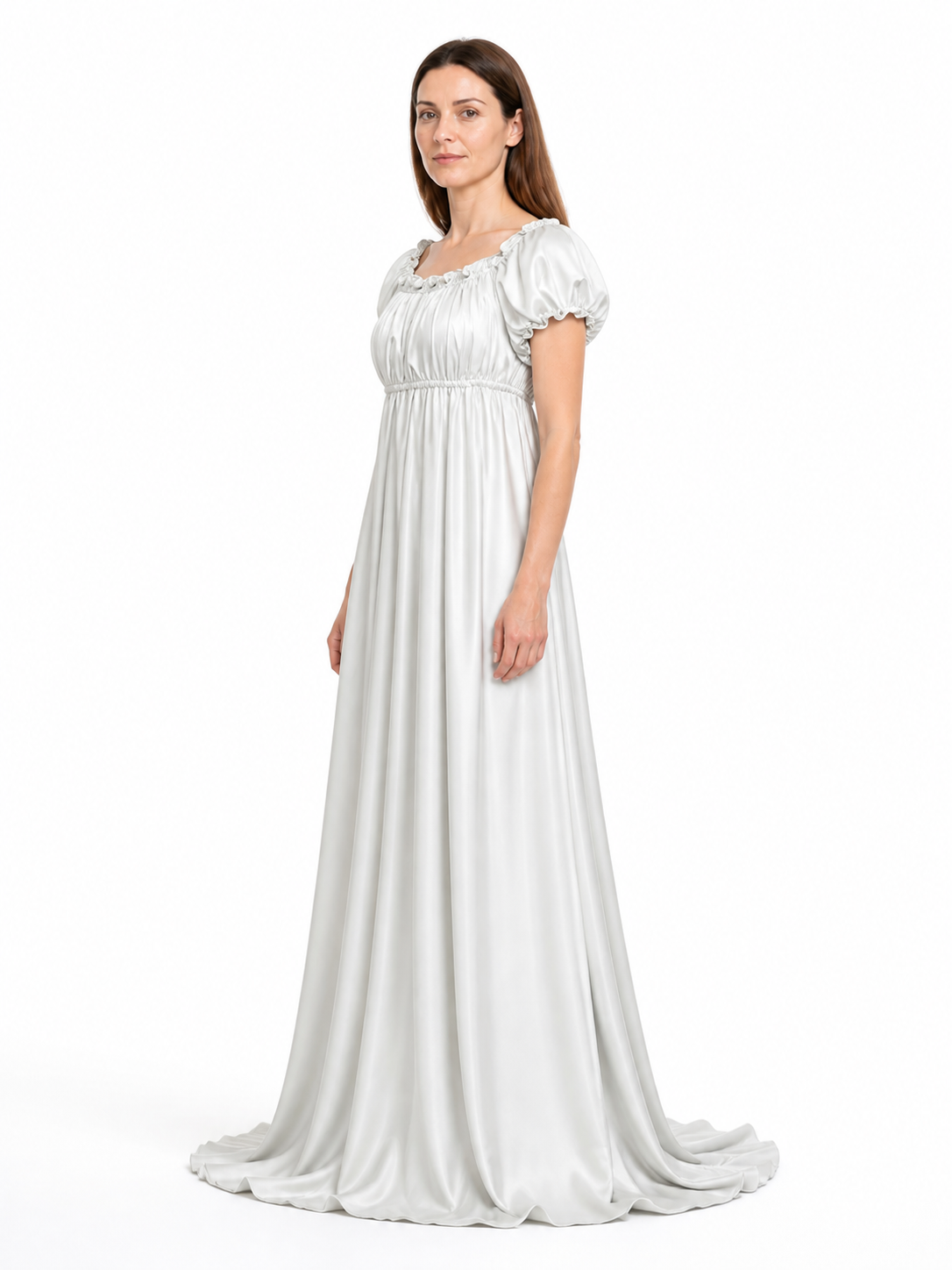 White Bridgerton-Style Floor-Length Dress with a Full Skirt side view