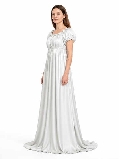 White Bridgerton-Style Floor-Length Dress with a Full Skirt side view