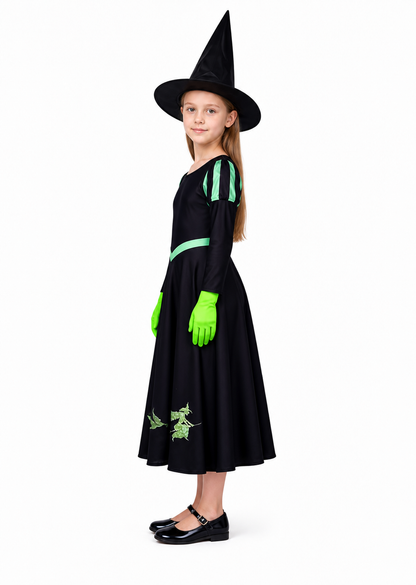 Unisex Witch Costume Set, Black Long Sleeve A-Line Dress with Green V Trim, Hat side view