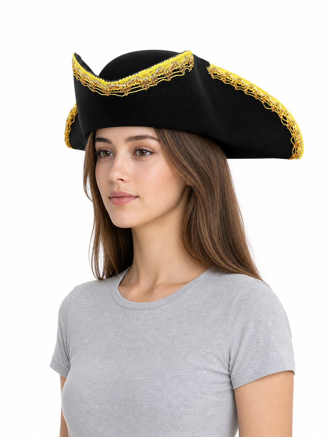 1pc Theatrical Pirate Tricorn Hat, Black Three-Cornered Style with Ornate Gold Trim and Wide Curved Brim for Costume Parties and Themed Events