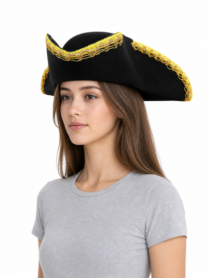 1pc Theatrical Pirate Tricorn Hat, Black Three-Cornered Style with Ornate Gold Trim and Wide Curved Brim for Costume Parties and Themed Events