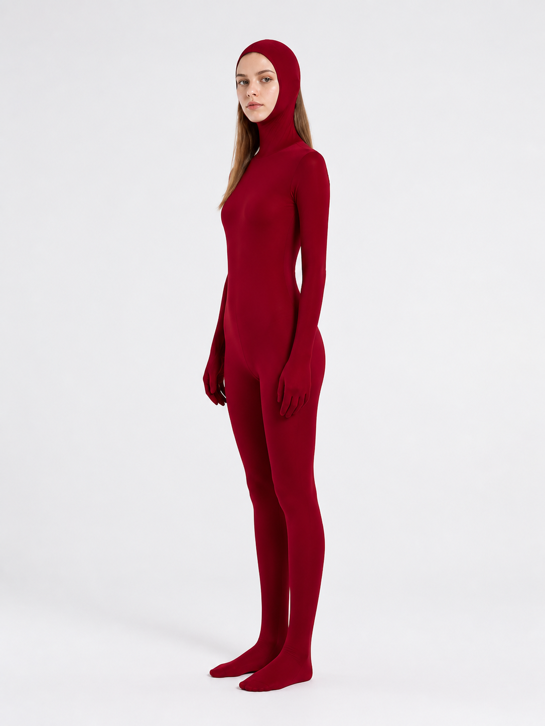 Hooded jumpsuit with covered hands and feet side view