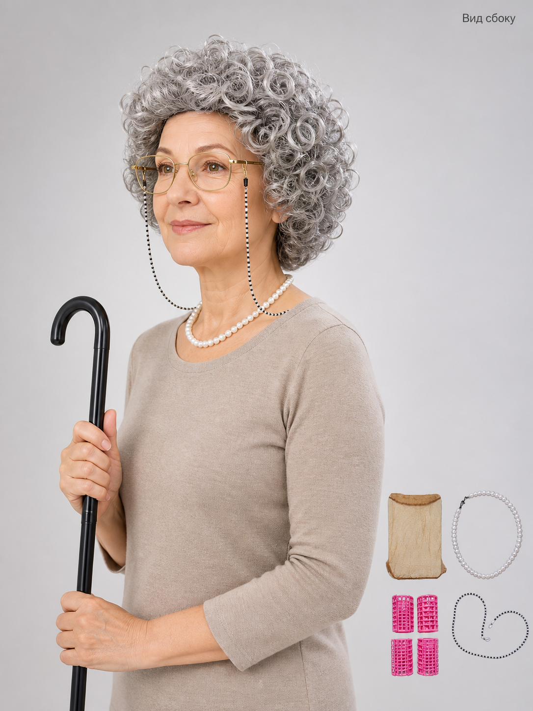 Gray Curly Costume Wig for Halloween and Cosplay side view