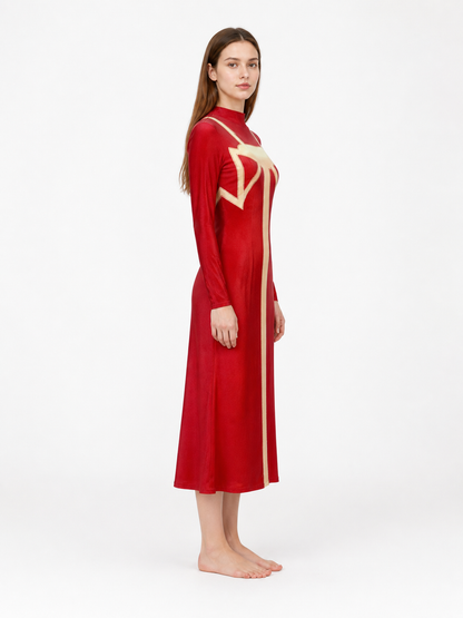 Red Madame Web Cosplay Dress with Patterned Detailing side view