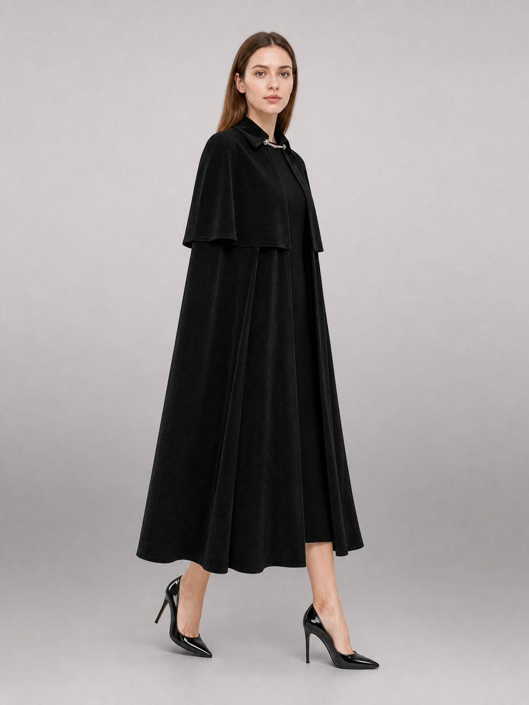 Long Black Carnival Cloak with Collar