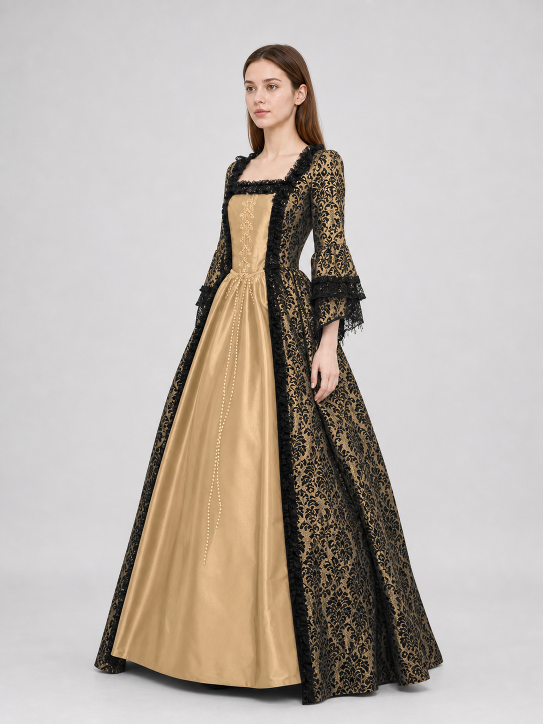 The dress is designed in a historical style with theatrical and decorative