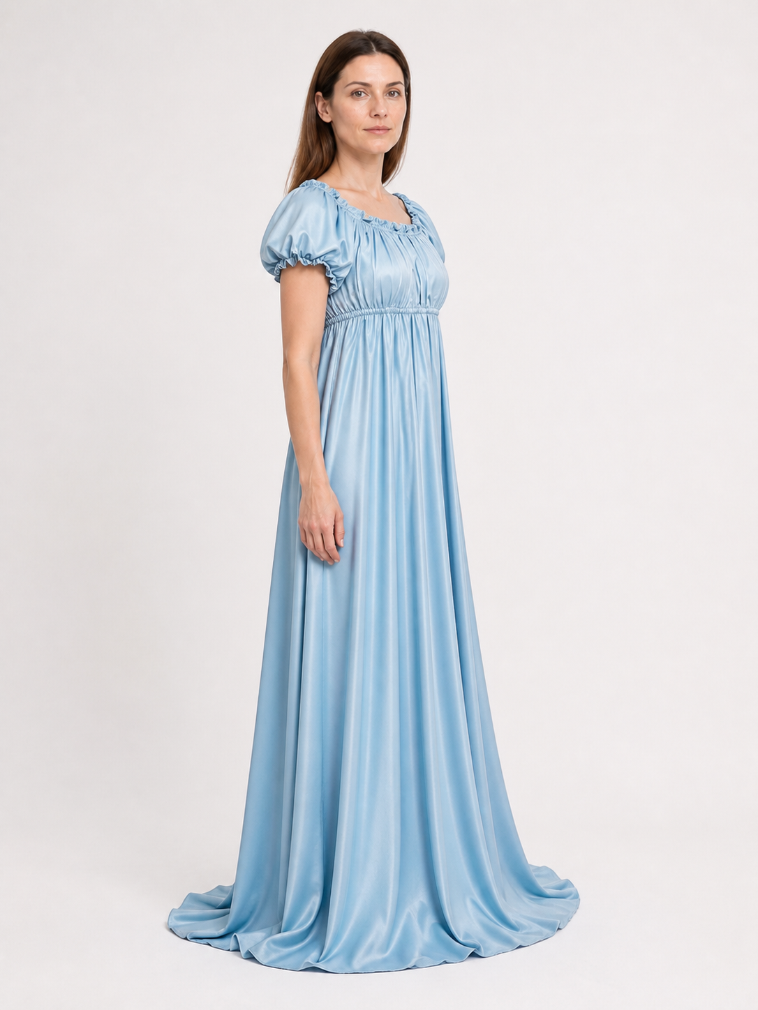 Bridgerton-style dress, light blue, with a train side view