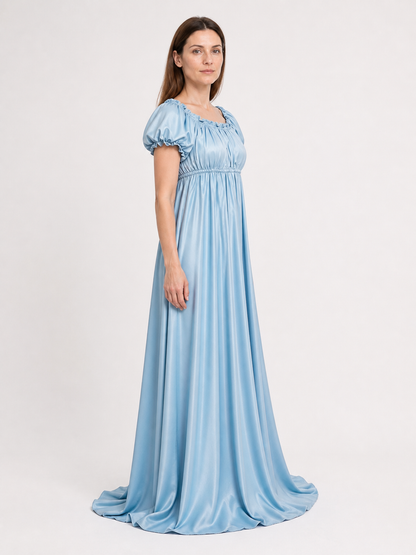 Bridgerton-style dress, light blue, with a train side view
