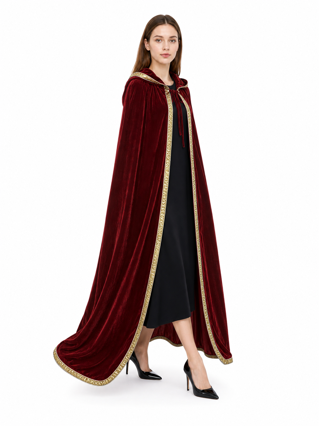 Burgundy Carnival Cape with Hood and Gold Trim