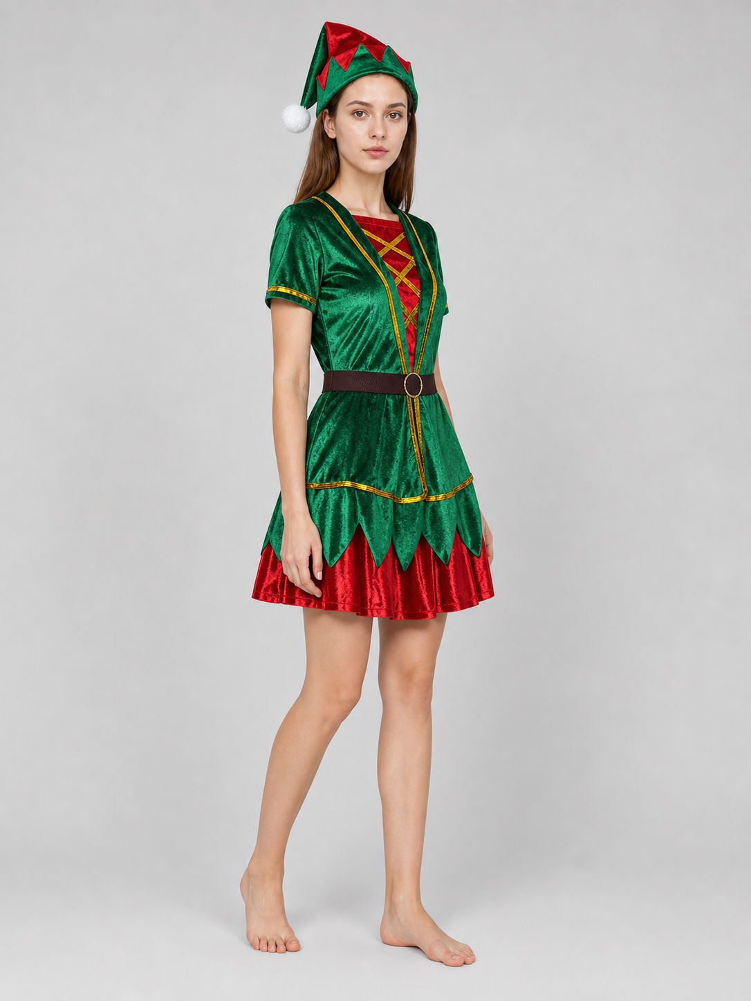 Christmas Elf Costume: Top, Skirt, Hat, and Belt