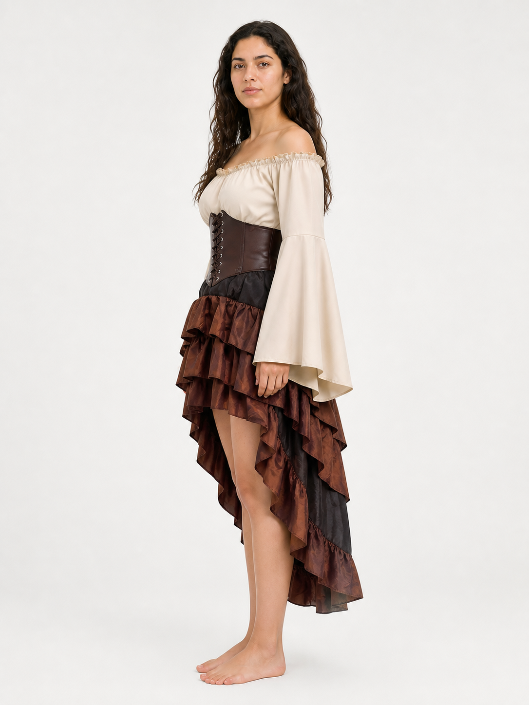 Pirate Costume with Blouse, Corset, and Layered Skirt side view