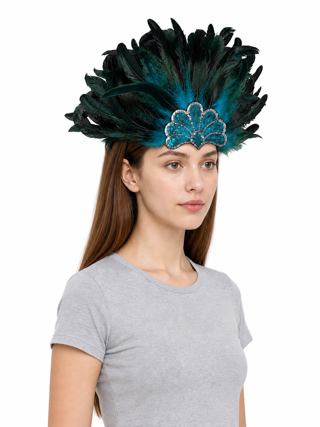 Feather Headpiece with Turquoise Sequins