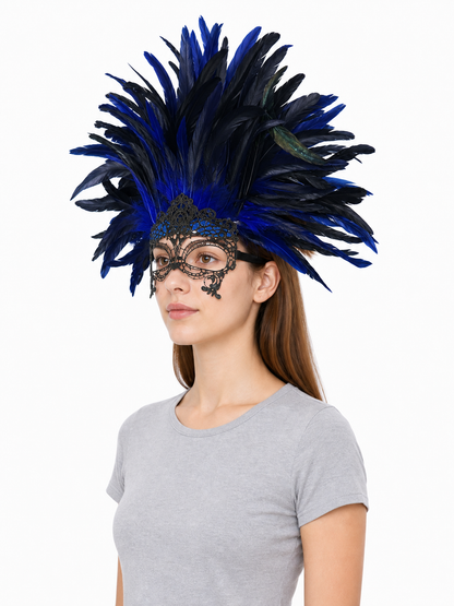 Carnival Headpiece with Blue-and-Black Feathers and Mask