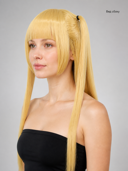 Long Blonde Wig with Bangs and Two Ponytails for Halloween side view