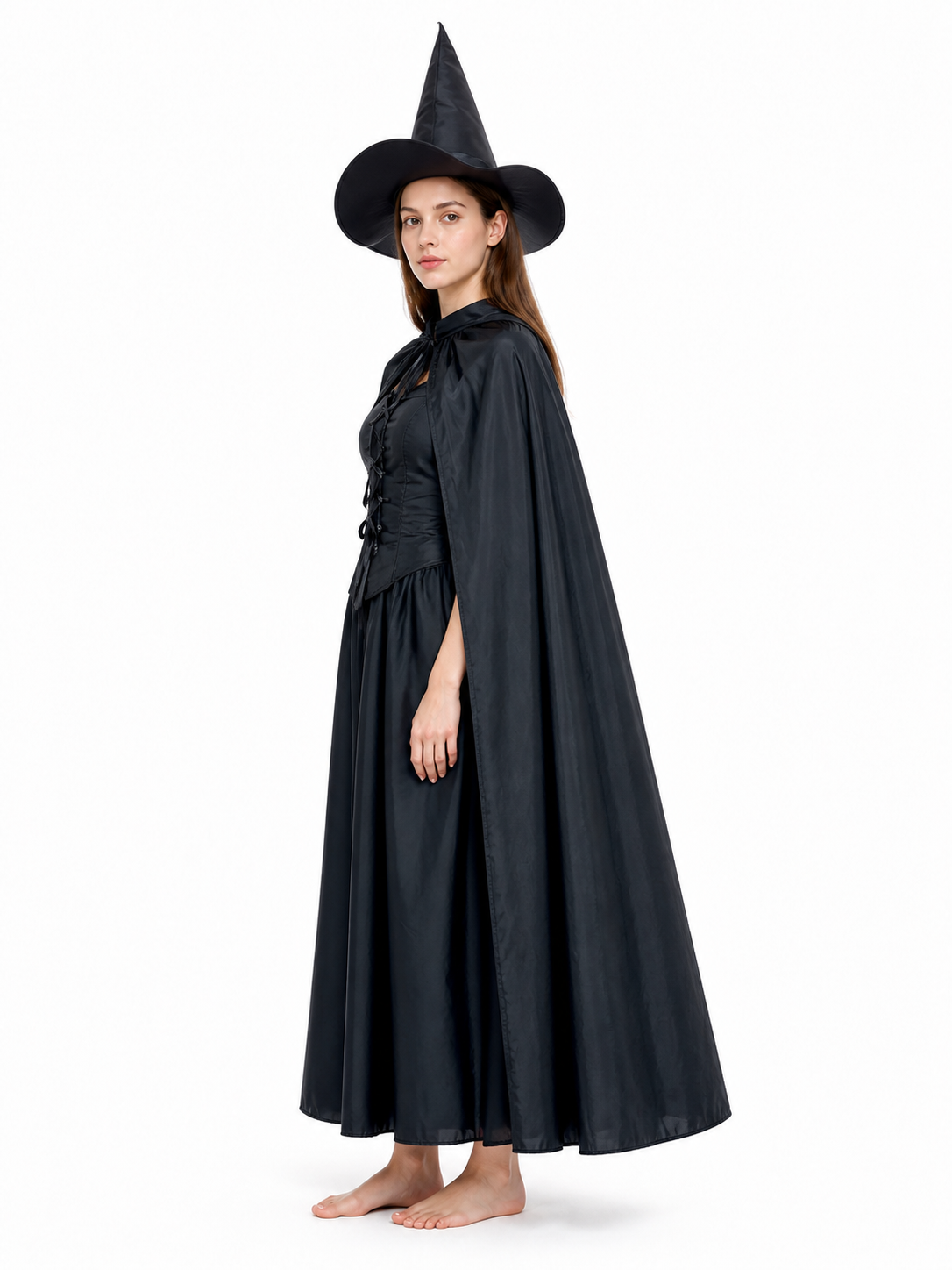 Black Carnival Costume with Cape and Pointed Hat side view