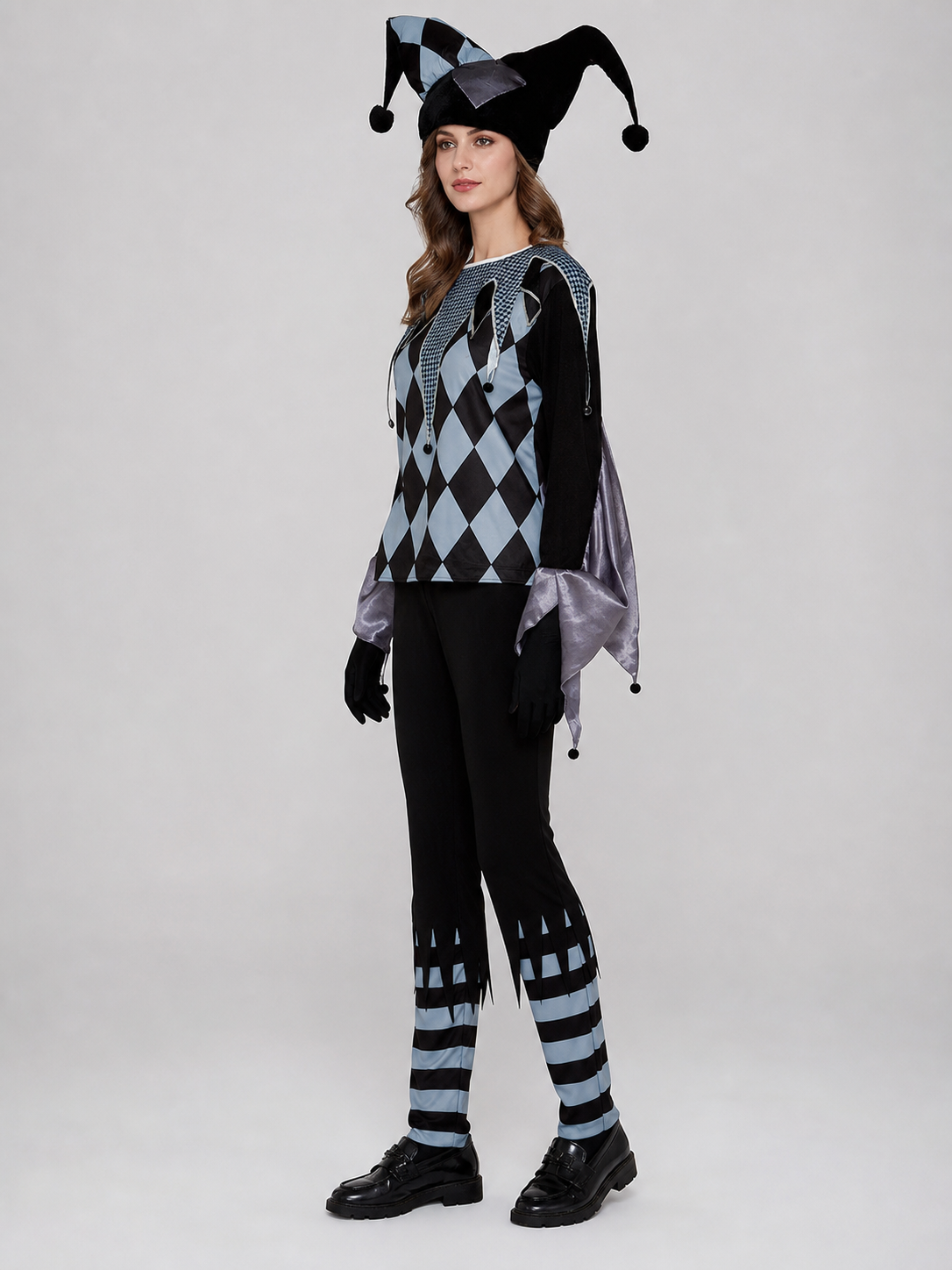 Clown costume designed in a striking circus style with elements of an evil clown side view