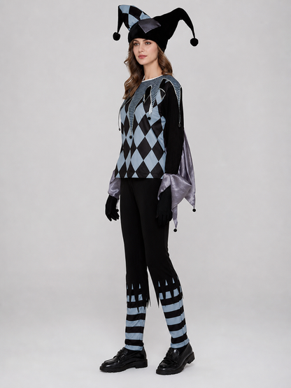 Clown costume designed in a striking circus style with elements of an evil clown side view