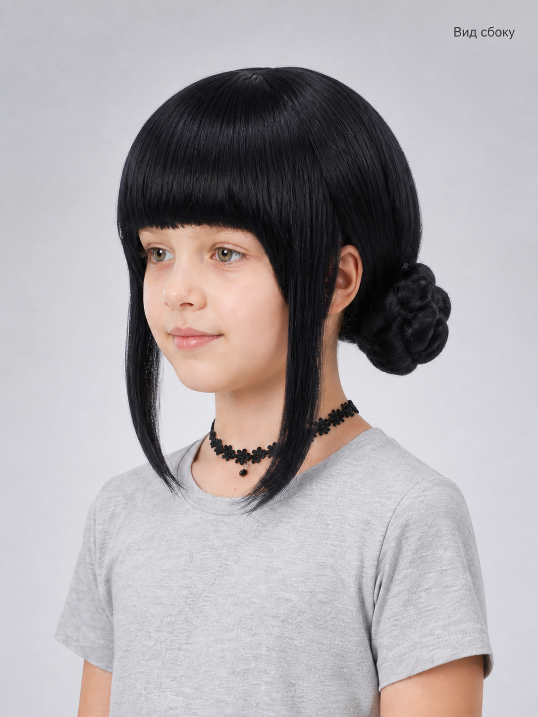 Black Cosplay Wig with Double Buns and Bangs side view