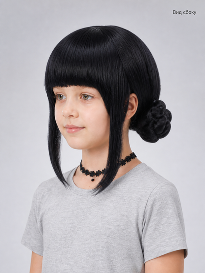 Black Cosplay Wig with Double Buns and Bangs side view