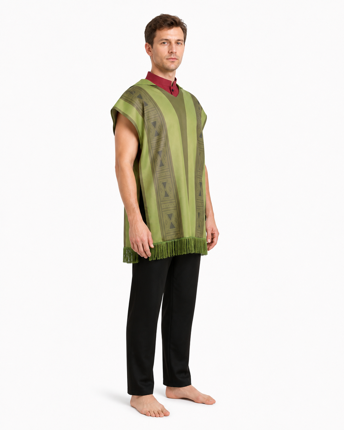 Cosplay costume with a sleeveless fringed tunic and pants side view