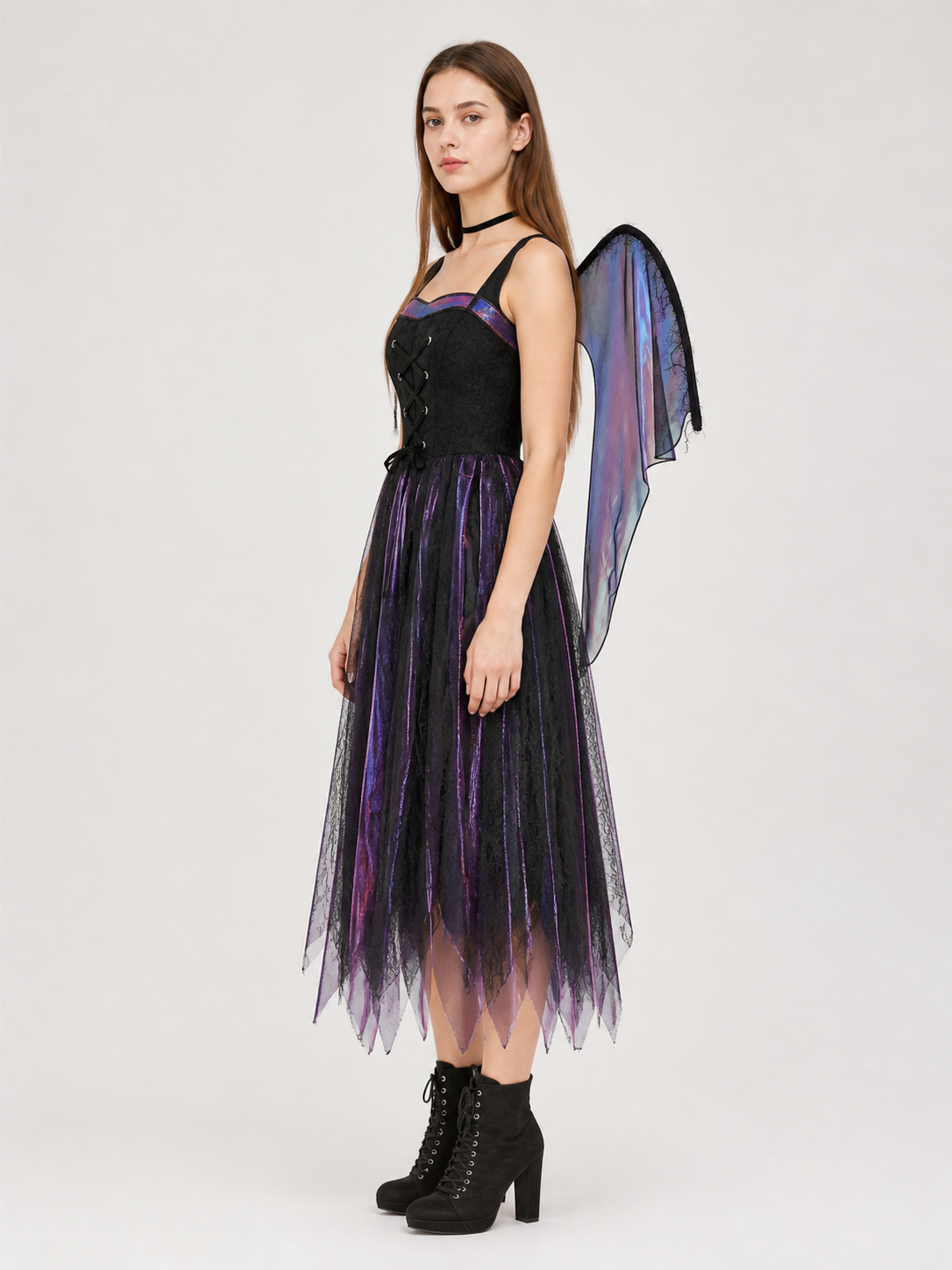 Long Gothic Dress with Wing Sleeves side view