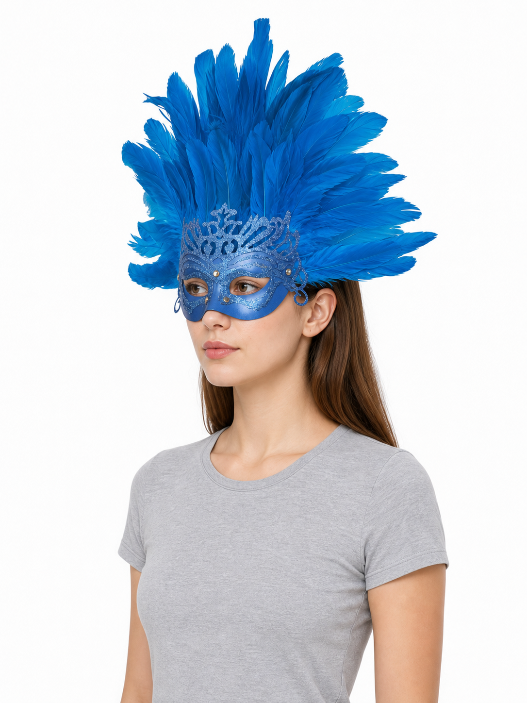 Carnival Mask with Blue Feathers and Glitter