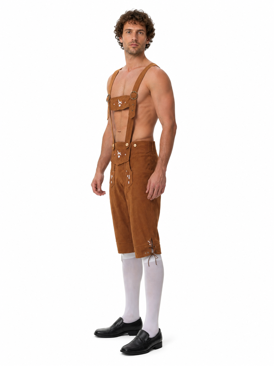 Suspender Shorts with White Embroidery for a Beer Festival side view