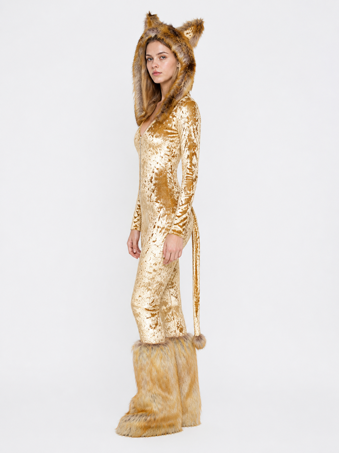 Costume jumpsuit with ears and tail side view