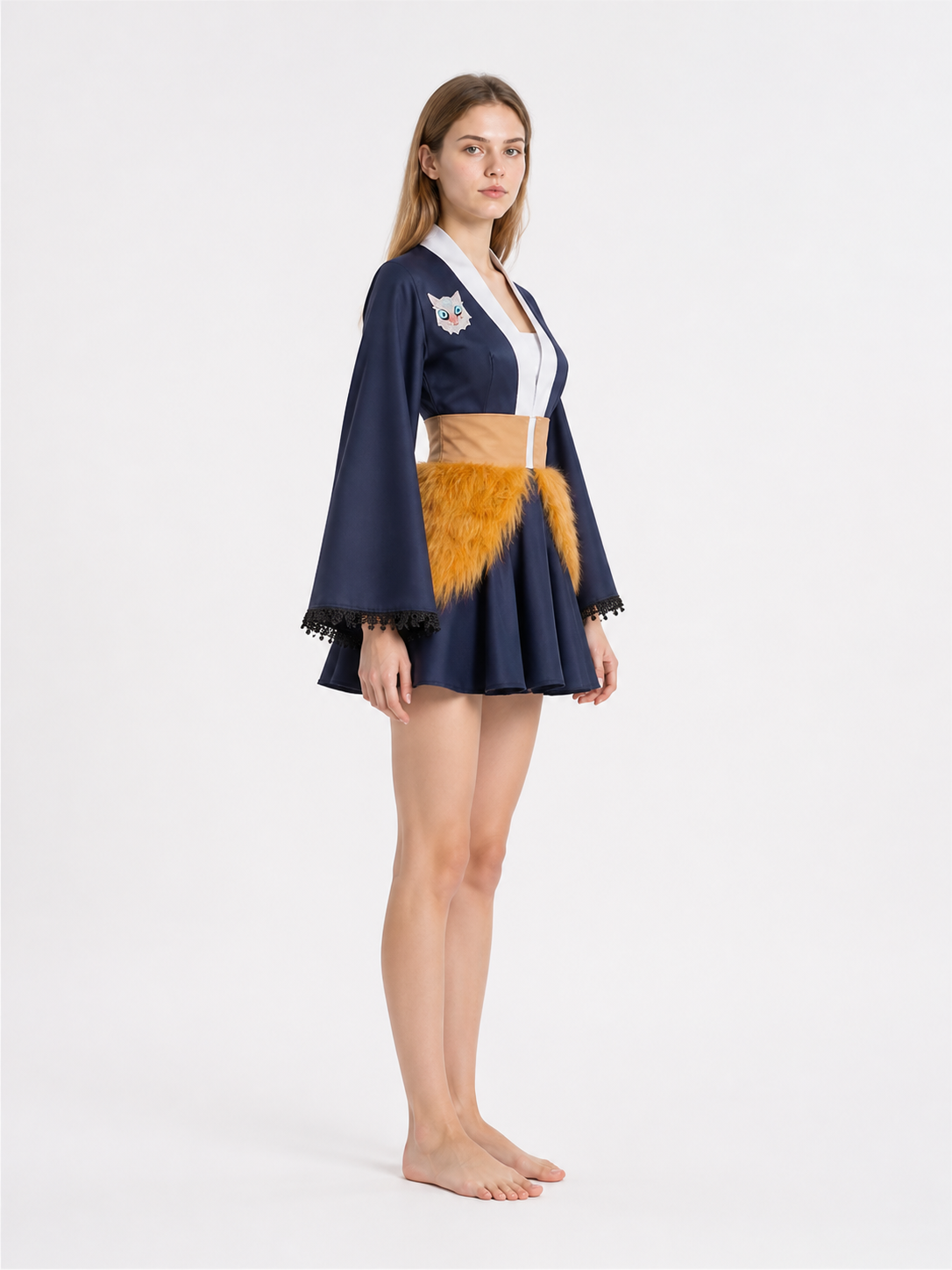 Japanese-Style Dress with Flared Sleeves and Cat Print side view