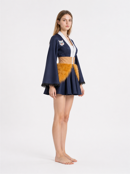 Japanese-Style Dress with Flared Sleeves and Cat Print side view