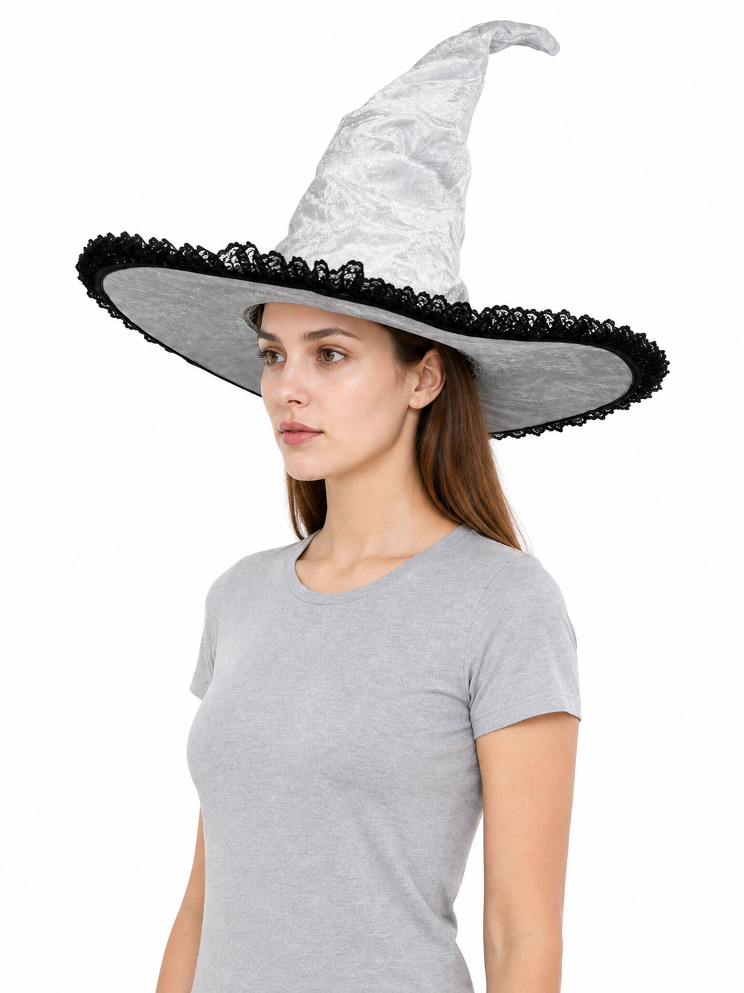 Light Gray White Halloween Witch Hat with Black Lace Trim, Tall Bent Pointed Crown and Wide Brim for Witch Cosplay Costume Party
