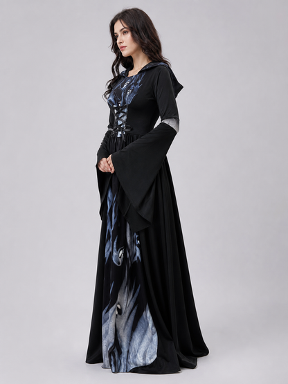 Gothic cosplay dress with hood and skulls