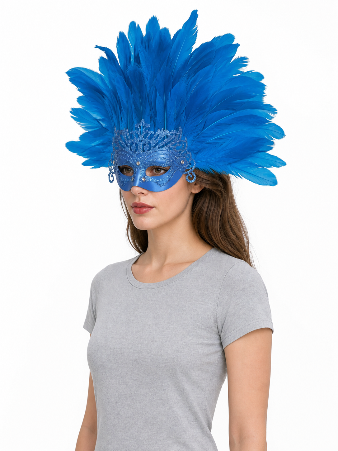 Carnival Mask with Blue Feathers and Glitter