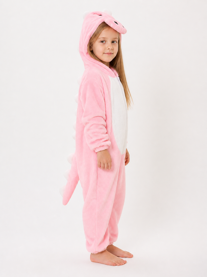 Pink Dinosaur Hooded Children's Jumpsuit side view
