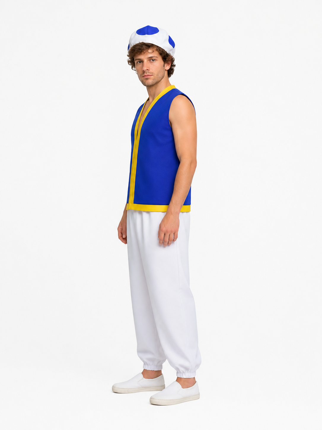 Mushroom Carnival Costume with Vest, Pants, and Cap side view
