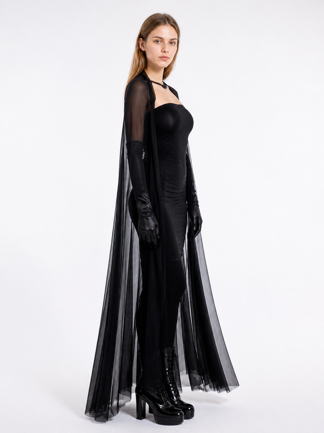 Vampire Costume with Black Dress and Cape side view