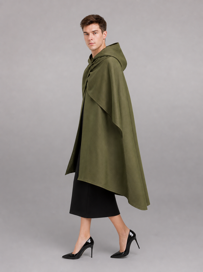 Medieval Hooded Cloak, Olive Green Full-Length Cape with Pointed Hood and Front Tie for Cosplay and Role-Playing