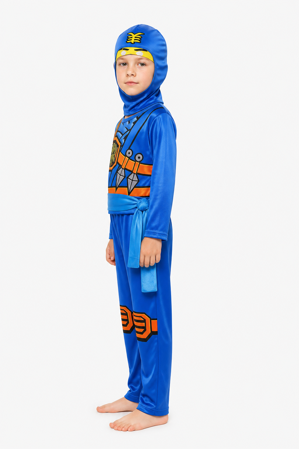 Blue Ninja Jumpsuit with Mask and Orange Belt side view