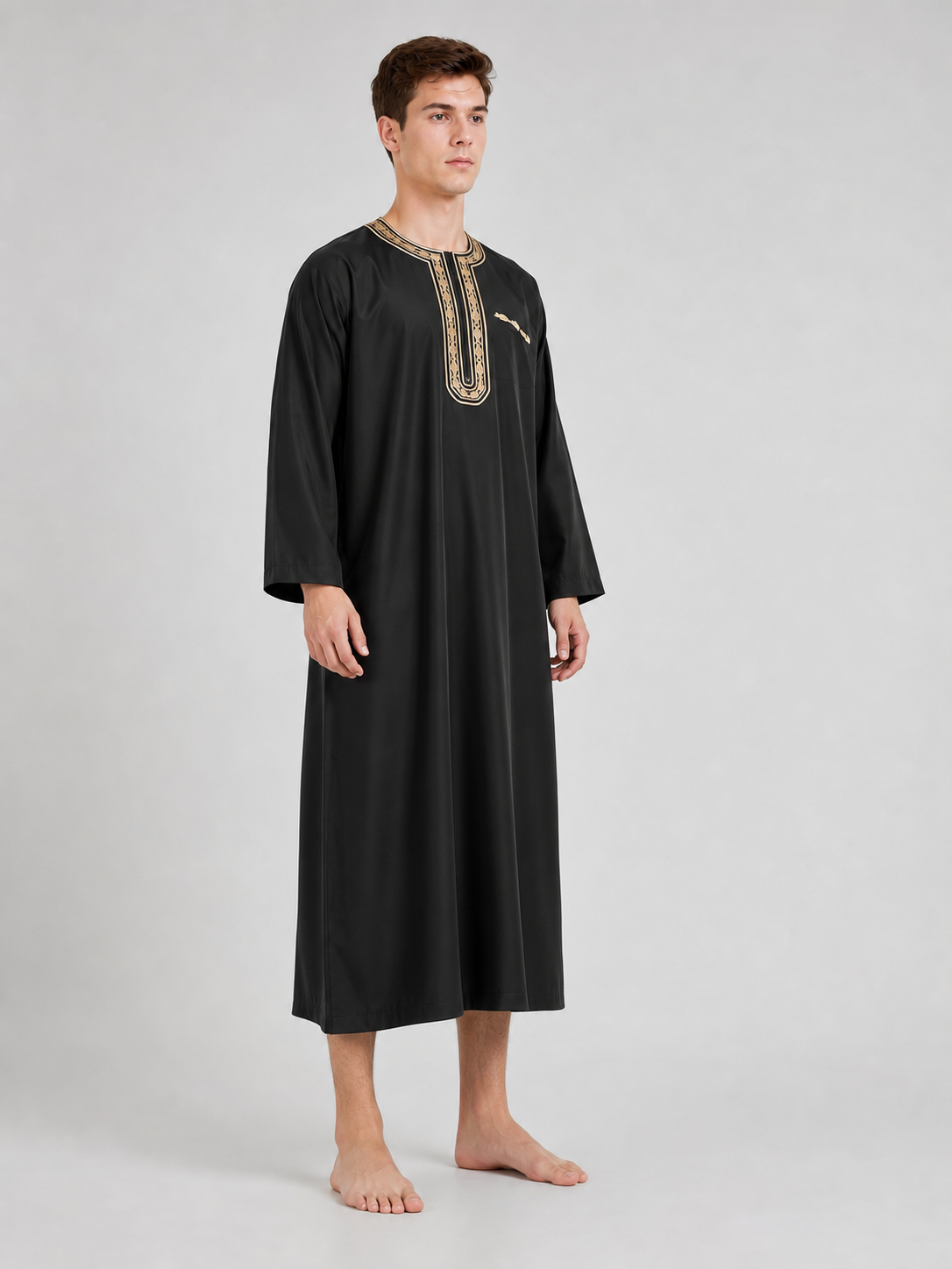 Long Black Abaya with Gold Collar Trim