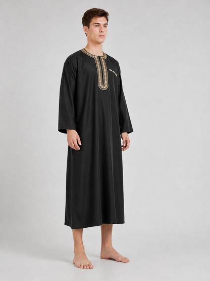 Long Black Abaya with Gold Collar Trim