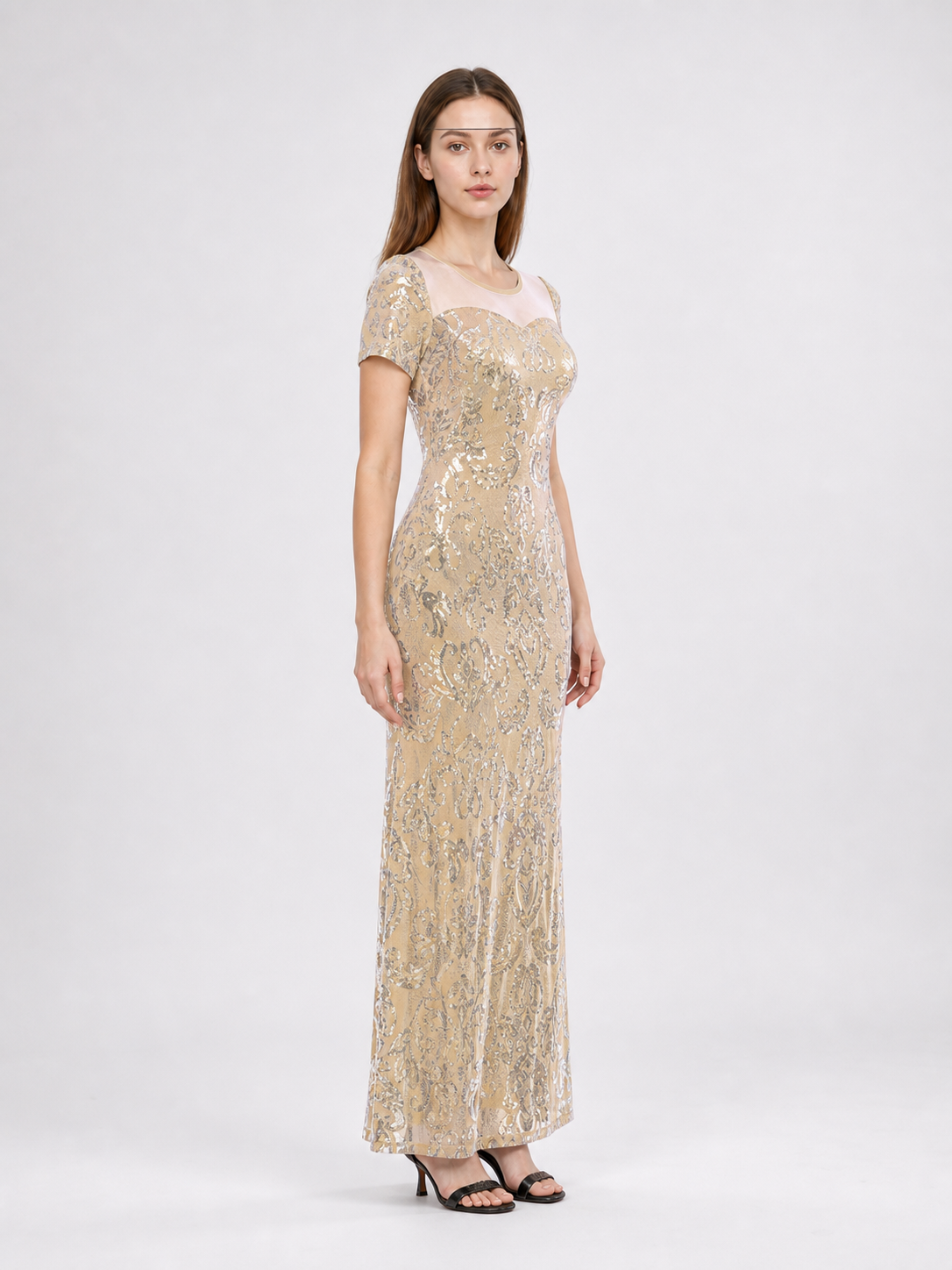 Long Evening Dress with Sequins and Pattern